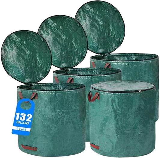 4 Pack 132 Gallons Reusable Yard Waste Bags with Double Bottom and Zipper Lid, Heavy Duty with 4 Handles, Garden Waste Container for Debris, Grass Clipping