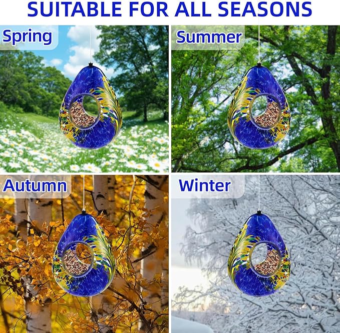 VOREEN Glass Bird Feeder, Fly Through Bird Feeders for Outdoor Hanging, Glass Wild Bird Feeder, for Garden, Yard, Backyard, Deck and Porch Decor, Gift for Mom Wife Friend, Blue Teardrop
