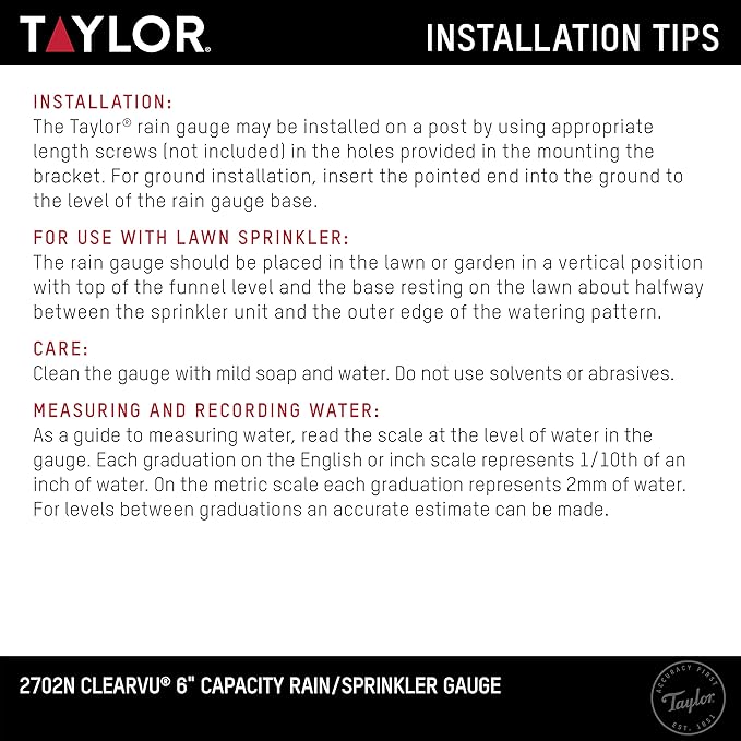 Taylor ClearVu Rain and Sprinkler Gauge, Measure and Monitor Precipitation, Easy to Read for Backyard, Patio, Garden, and Lawn, 6-inch Capacity, Clear