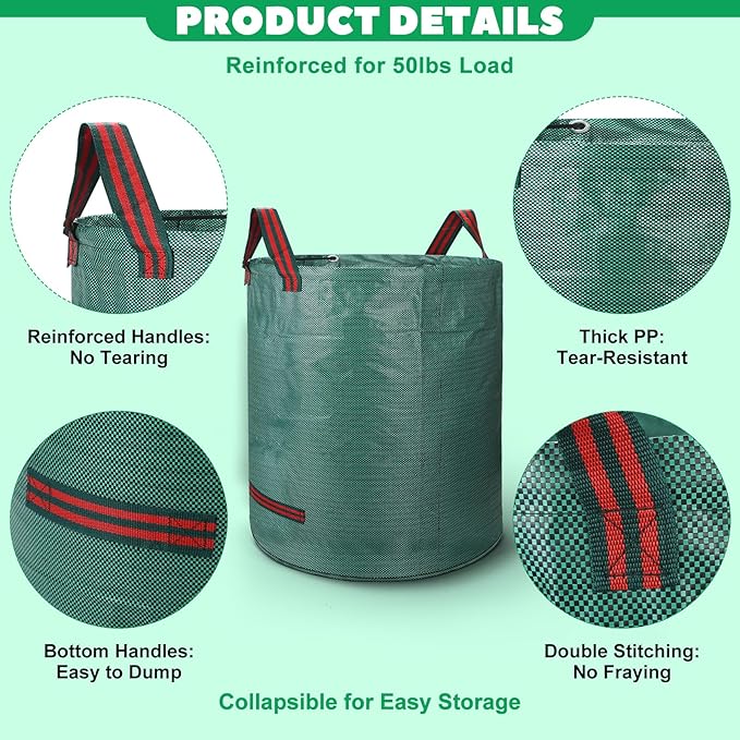 Reusable Yard Waste & Lawn and Leaf Bags with Gloves Pack - 72 & 32 Gallon Heavy Duty Lawn Trash Bags, Multi-Purpose: Garden Debris, Leaf Collection & Tool Storage, Collapsible for Easy Storage