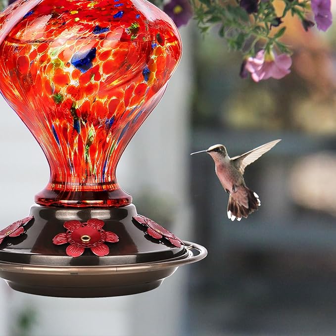 Hummingbird Feeder, BOLITE Glass Hummingbird Feeders for Outdoors Hanging, Hand Blown Twisted with Ant Moat and Five Feeding Ports, 24 Ounces, Leak Proof, Red, Gifts for Women Men, Gifts for Mom Dad