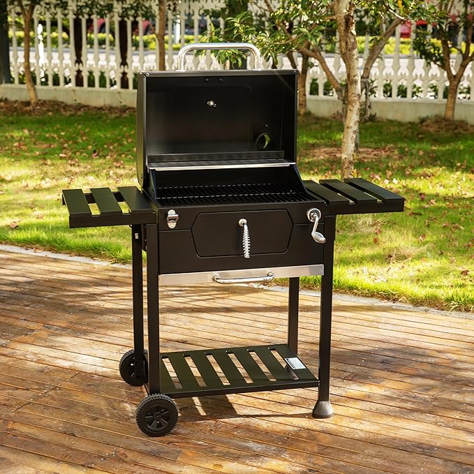Royal Gourmet CD1824EC 24 Inch Movable Charcoal Grill with Cover, 490 Sq. In. Cooking Area, Outdoor Barbecue Grill with Foldable Side Tables for Outdoor Picnic and Camping Grilling, Black