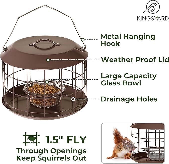 Kingsyard Bluebird Feeders for Outdoors Hanging, All Metal, Cage Bird Feeder with Tray, Squirrel Proof & Weatherproof, Easy to Refill & Clean (Brown)