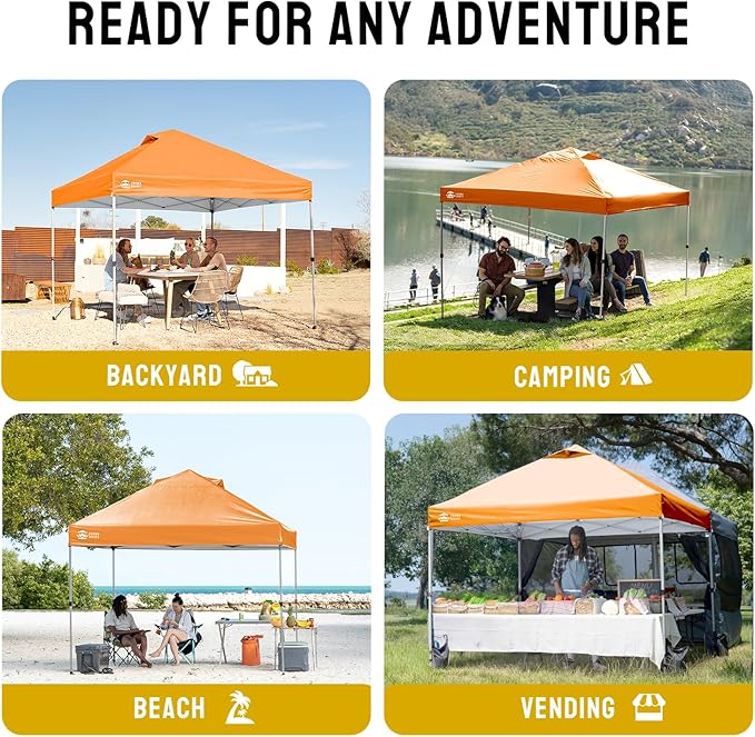 CROWN SHADES 10x10 Pop Up Canopy - Beach Tent with One Push Setup - Easy Outdoor Sun Shade for Events, Parties, Camping - Gazebo with STO-N-Go Cover Bag, Silver Coated Top, Orange