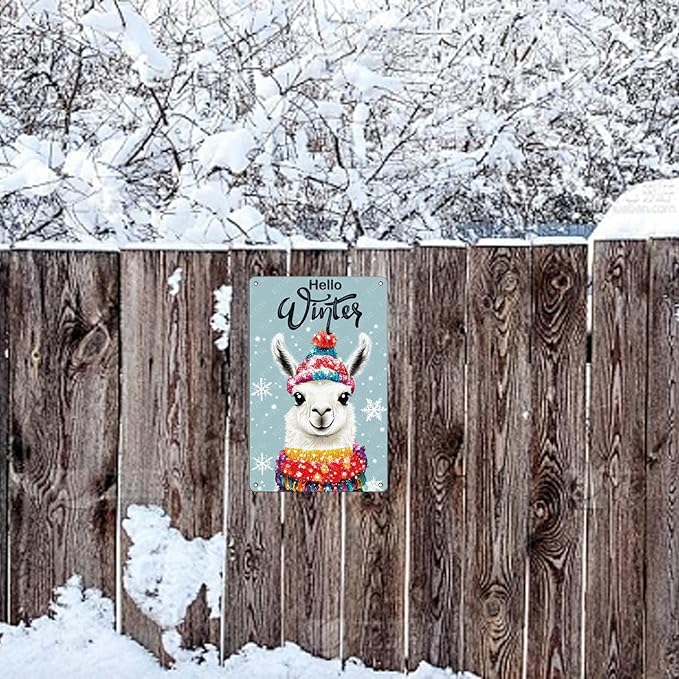 Tin Signs Hello Winter Metal Signs Winter Aluminum Sign for Home Cafe Bar Yard Office Kitchen Farmhouse Wall Decor 12×8 Inch