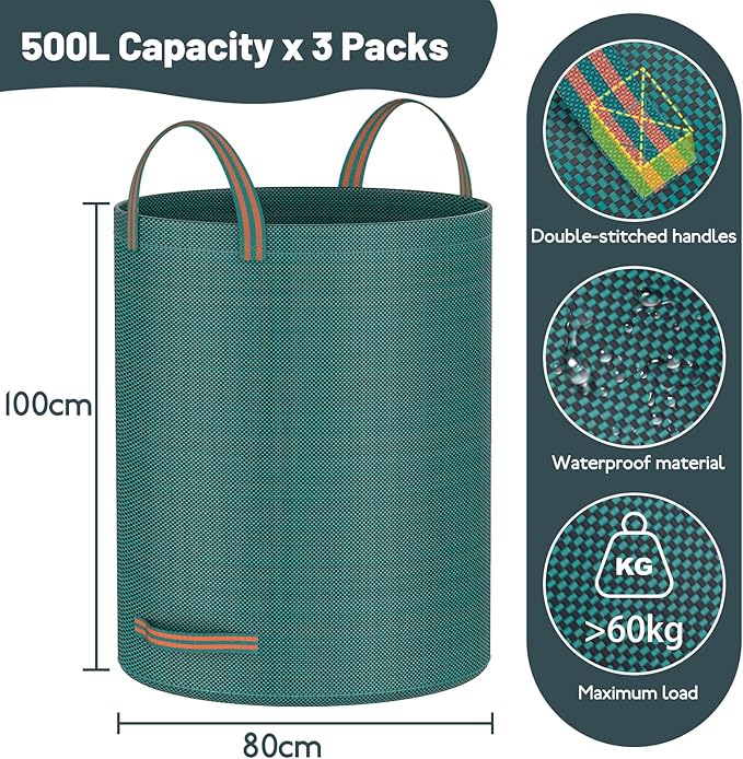 Mokani Reusable Yard Waste Bags, 132 Gallon Lawn and Leaf Bags 3 Packs, Heavy Duty Garden Bags with Reinforced Handles, Camping Yard Recycling Leafc Bag for Leaves