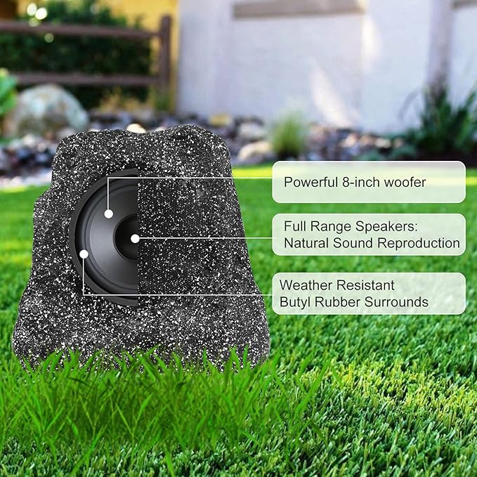 STUDIOFINIX 8" Outdoor Rock Speaker Waterproof Bluetooth Wireless Solar Powered with Rechargeable Battery for Patio, Deck, Pool, Garden(Single, Gray)