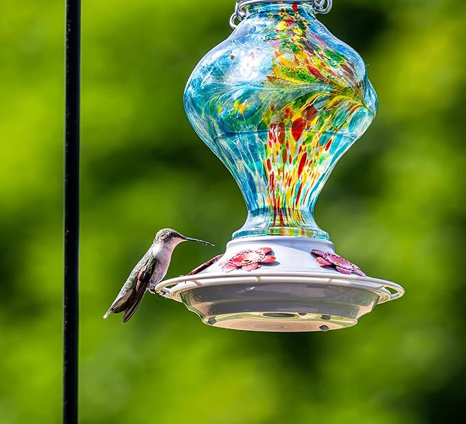 Hummingbird Feeder, BOLITE Glass Hummingbird Feeders for Outdoors Hanging, Hand Blown Twisted with Ant Moat and Five Feeding Ports, 24 Ounces, Leak Proof, Blue, Gifts for Women Men, Gifts for Mom Dad