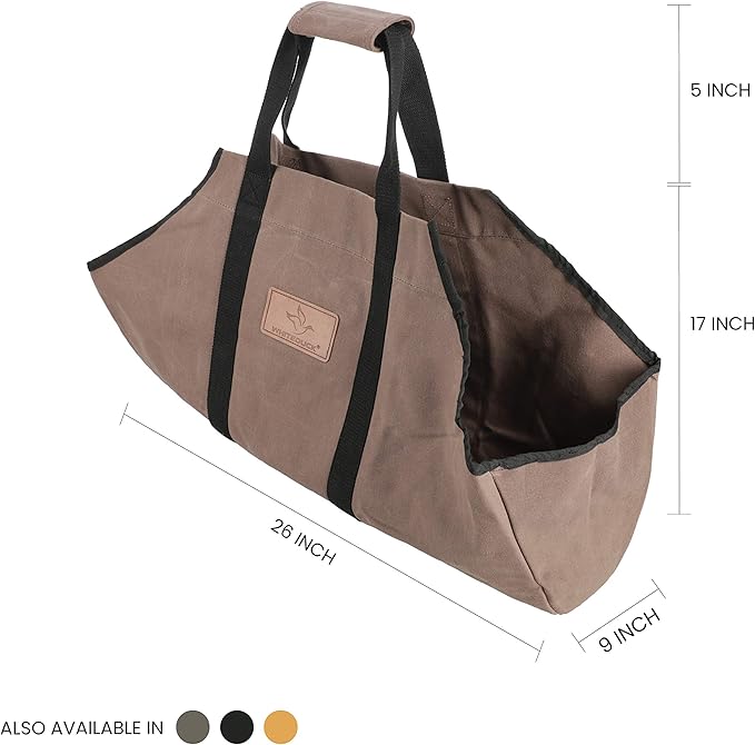 WHITEDUCK TUFF Large Firewood Carrier 21 Oz. Heavy Duty Waxed Canvas Log Carrier Holder for Fireplace, Carrying Wood Indoor & Outdoor (Brown, Boat Shape (26"x17"x9"))