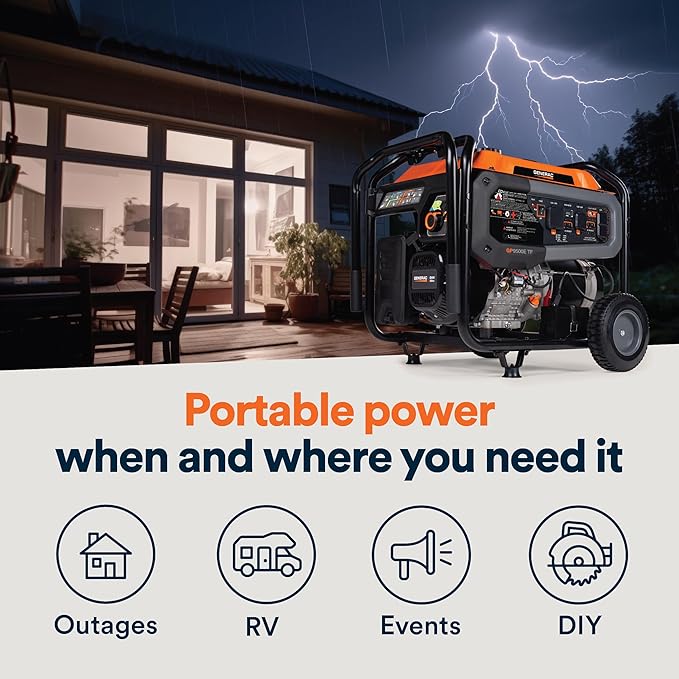 Generac 12,500/9,500-Watt Tri-Fuel Portable Generator - Electric Start - Gas, Propane or Natural Gas - Home Backup, Jobsite, or RV - Quiet Operation - Long Runtime - 49-State Compliant