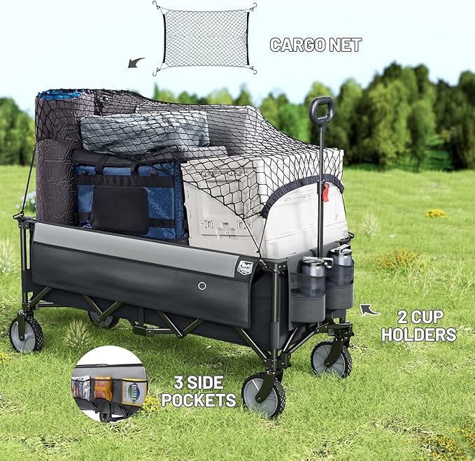 Timber Ridge 51.2'' Extended Collapsible Wagon Cart, 500LBS Heavy Duty Foldable Utility Wagon with Adjustable Handle, 400L Capacity Portable Cart with Cargo Net for Camping Sports Shopping-Grey