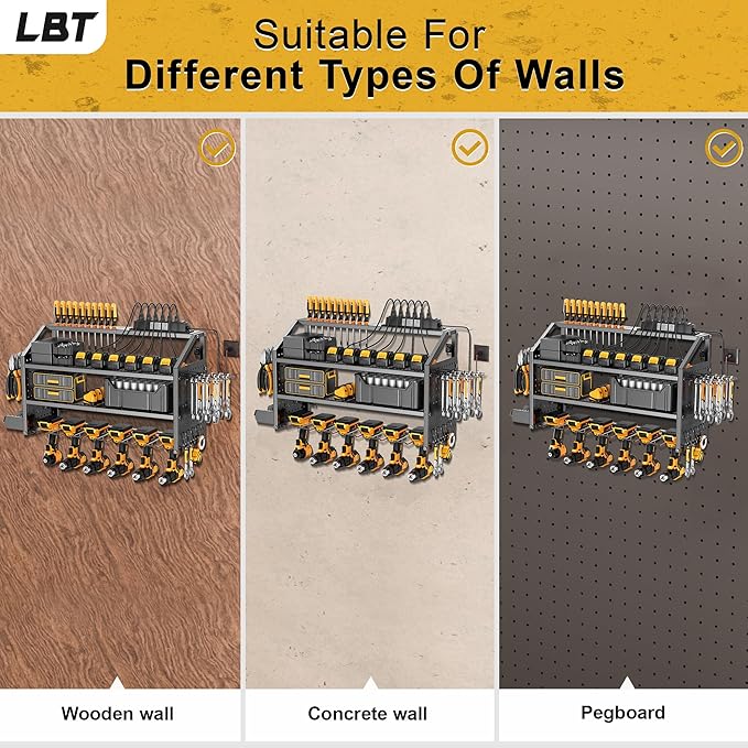 LBT 4 Layer Power Tool Organizer Wall Mount With Charging Station, Patented, 6 Outlet Power Strip, 6 Drill Holder, Heavy Duty Metal Garage Tool Storage Rack, Gifts For Men Fathers Day