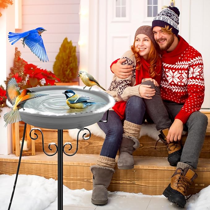 Lovppy Heated Bird Bath, 100W Thermostatically Controlled Heated Bird Baths for Outdoors Bird Bath Heater with Metal Stake, Heated Bird Bath for Outside Winter Garden Patio Yard Lawn (Gray)