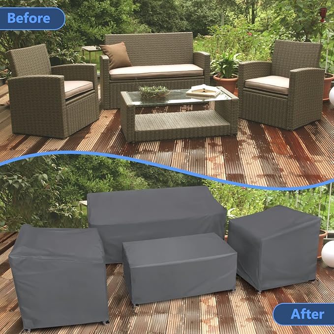 STARTWO Outdoor Furniture Cover Waterproof, 4 Piece Patio Furniture Set Cover for Outside Couch, Lawn Chairs, Coffee Table, Windproof with Buckle Strap, Grey