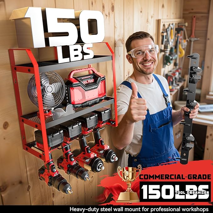 Power Tool Organizer Wall Mount with Broom Holder Combo, Red & Black 3-Tier Garage Storage Rack with Battery Storage, 4 Drill Holder Slots, Heavy Duty Steel 150LB Capacity
