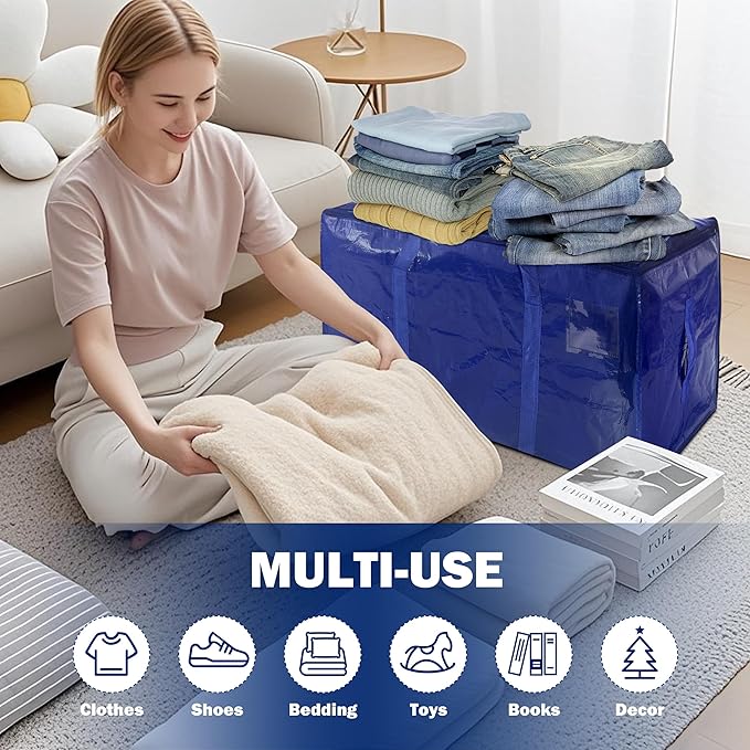 12 Pack Extra Heavy Duty Large Moving Bags with Strong Zipper & Carrying Handles, Sturdy Clothes Storage Bags Totes Bins, Packing Bag Move Boxes College Moving Supplies, Dark Blue - 24 gal