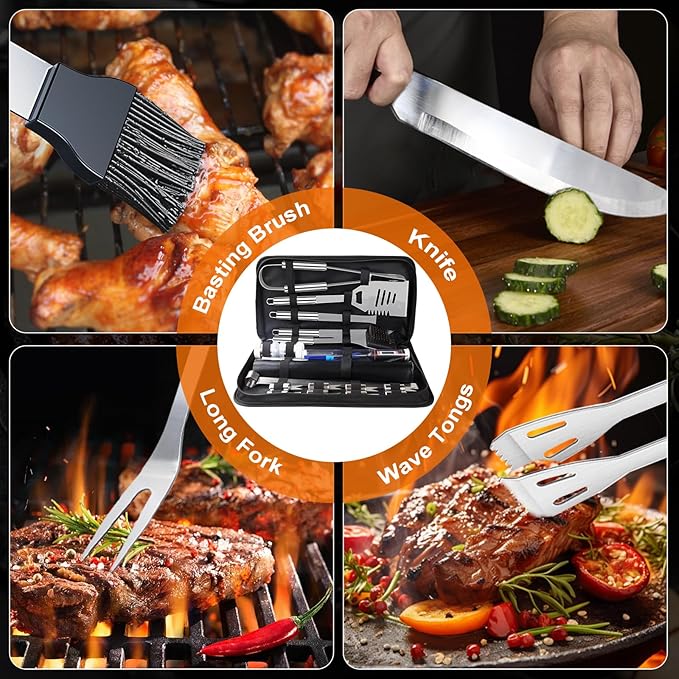 28PCS Stainless Steel BBQ Grill Accessories Set, Grilling Gifts for Men Birthday Father's Day, Portable Multifunction Grilling Utensils Tools Kit with Storage Bag for Outdoor Grill Camping BBQ Party