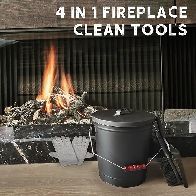 NATURAL EXPRESSIONS Fireplace Ash Bucket with Lid, 5.3 Gallon Coal Bucket with Shovel,Hand Broom and Gloves, Metal Buckets Pail Ash Can for Pellet Charcoal Wood Fire Pits