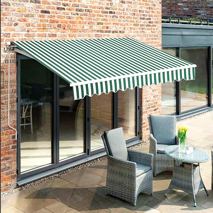 MCombo 11.5x9.5 Feet Manual Retractable Patio Door Window Awning Sunshade Shelter Outdoor Canopy, 1210 (Green with White Stripes, 11.5'(L) x 9.5'(W))