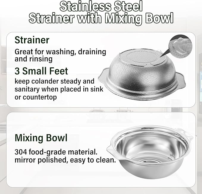Stainless Steel Colander for Kitchen, 2.5QT Rice Washer Strainer with Mixing Bowl, Colander Bowl Set with Microporous for Washing Rice, Pasta, Spaghetti, Fruits, Dishwasher Safe(2PC)