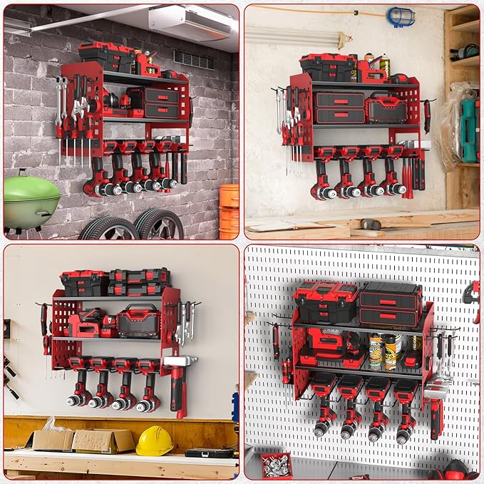 SPACECARE Power Tool Organizer, Drill Holder Wall Mount with 2 Side Pegboards with Hooks, 3 Layer Garage Organization Heavy Duty Tool Organizers Utility Rack for 4Drill Holders Red