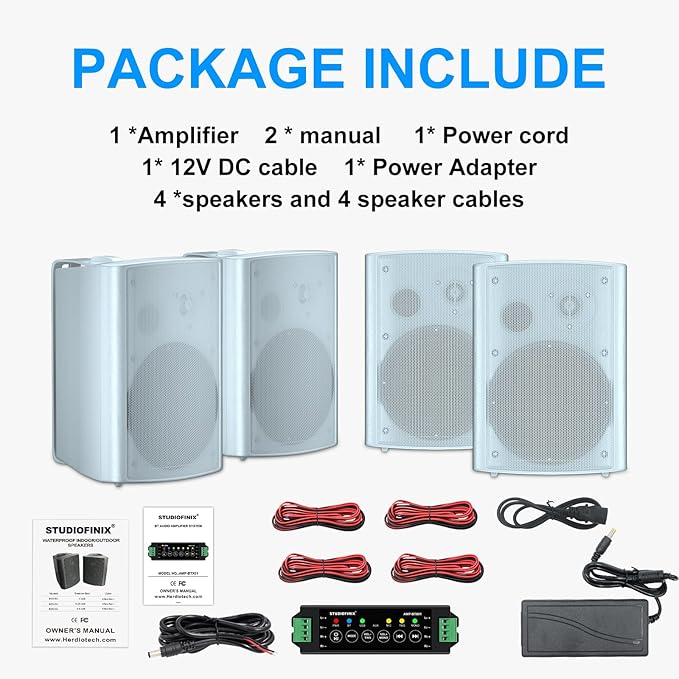 STUDIOFINIX 800W 6.5 Inch Bluetooth Outdoor Speakers Waterproof Wired with Multifunctional Amplifier Wall Mount Weatherproof Loudspeaker System for Patio Garden Poolside Home(4 Speakers,White)