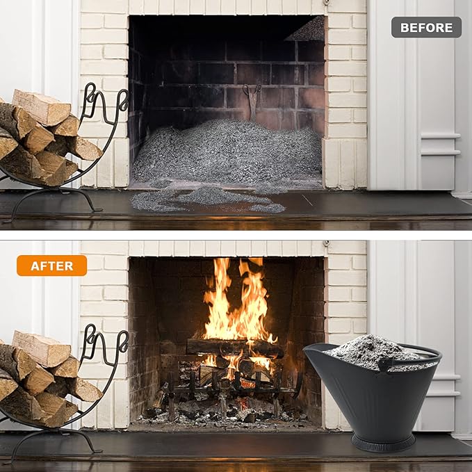 Poofzy Ash Bucket for Fireplace, 3.2 Gallon Metal Fireplace Ash Bucket for Wood Stove, Includes Shovel, Broom and Gloves Indoor & Outdoor