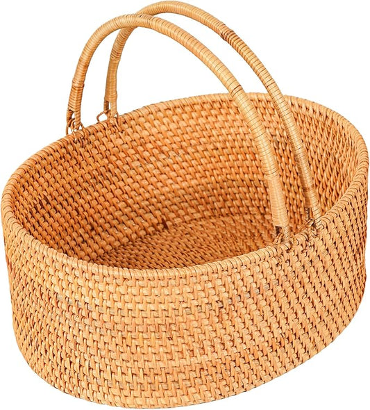 Rattan Picnic Basket with Handles, Oval Wicker Gift Basket for Wedding, Camping(13.8"×10.2"×5.1")