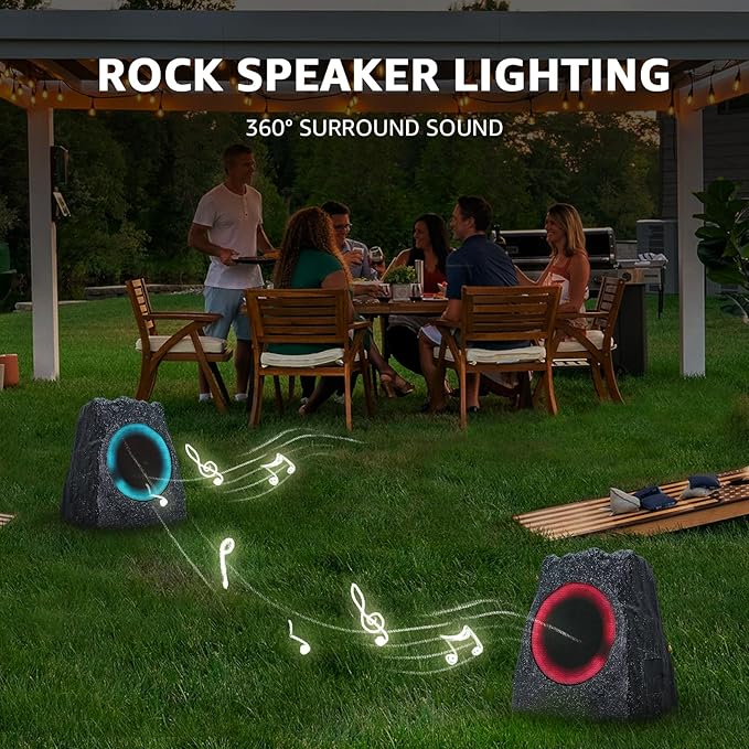 2-Pack Rock Speakers Outdoor Water-Resistant Solar Powered Patio Speaker with 3 Mode Lights and Pair System and USB Rechargeable for Pool Outside Garden Yard Deck