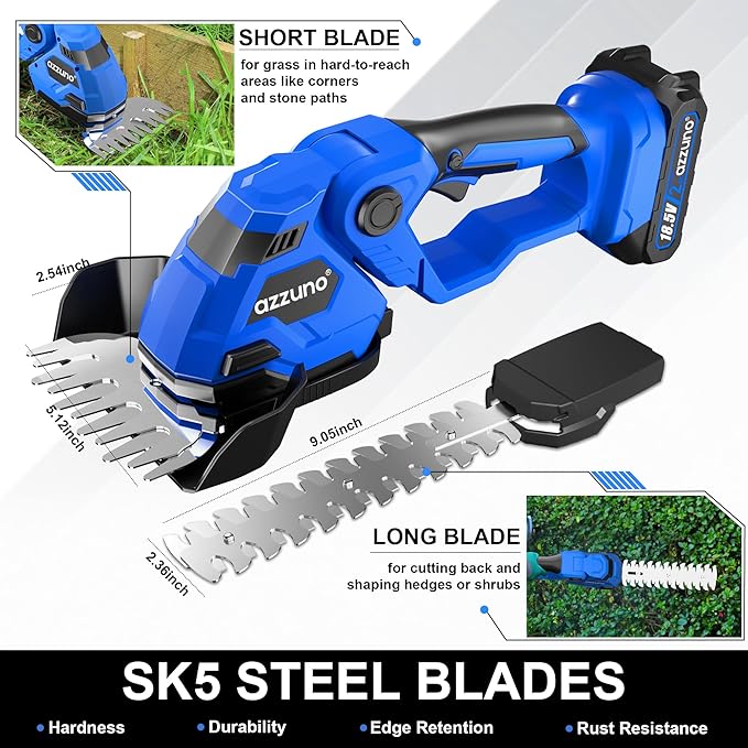 AZZUNO Cordless Hedge Trimmer, 2-in-1 Electric Grass Shears Shrubbery Trimmer with 2Ah Battery,Handheld Grass Cutter Shrub Trimmer for Gardens, Yards, Lawns, Including Charger(2 Batteries)