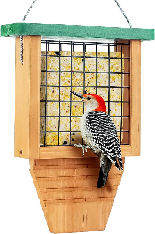 Wooden Suet Bird Feeder for Outside Hanging, Woodpecker Suet Feeder with Tail Prop, Hanging Bird Feeder for Wild Birds, 1 Pack, Green