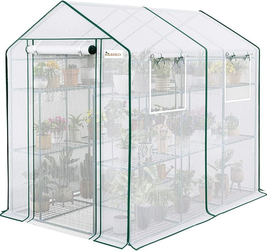 KING BIRD Premium Greenhouse for Outdoors, 84 x 56 x 77 Upgraded PE Cover & Steel Frame Walk in Hot House, w/ Zippered Screen Windows Mesh Door, 3 Tiers 20 Shelves for Outside Garden, White
