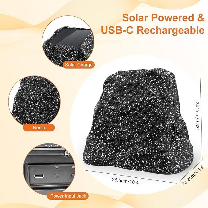 STUDIOFINIX 4" Outdoor Rock Speaker Waterproof Bluetooth Wireless Solar Powered with Rechargeable Battery for Patio, Deck, Pool, Garden(Single, Gray)