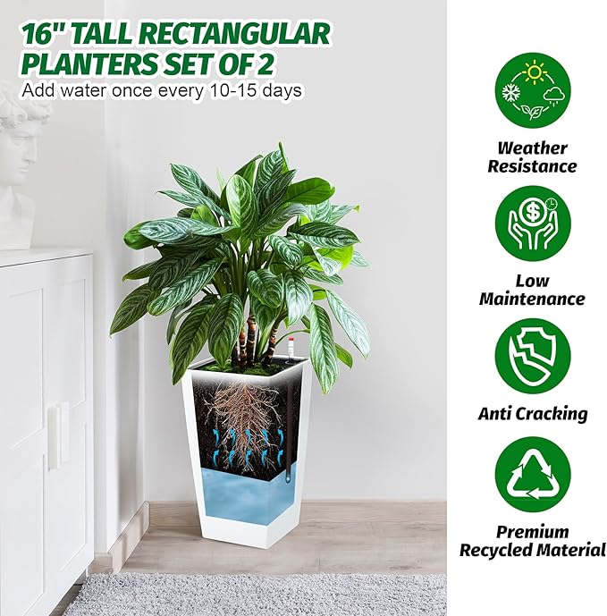 GarveeLife 16 in Tall Planters Set of 2, Outdoor&Indoor Black Planter Pots, High Front Porch Planter Pots with Drainage Holes&Water Level Monitor&Inner Bucket, Automatic Watering,White