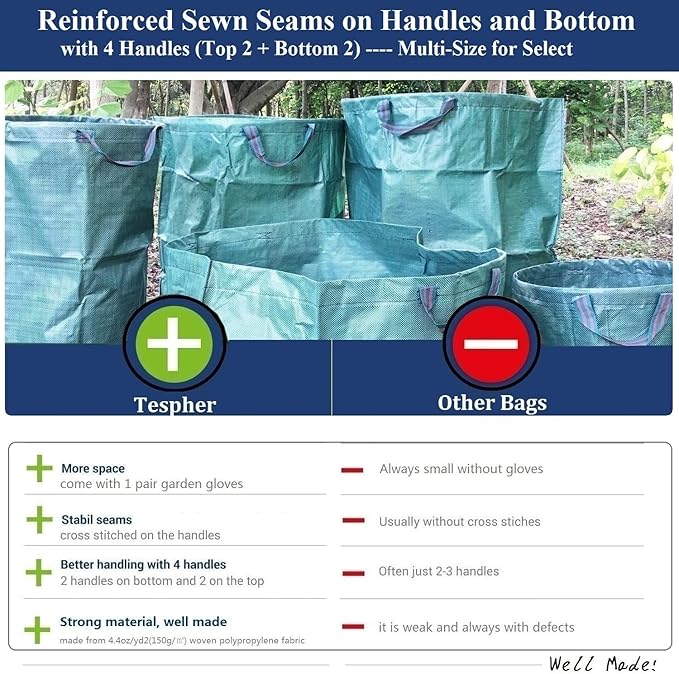 Professional 3-Pack 80 Gallons Lawn Garden Bag Leaf Waste Bags (D26, H33 inches) with Coated Gardening Gloves,Reuseable Heavy Duty Patio Bags,Grass Pool Bags,Home Yard Trash Bags with 4 Handles