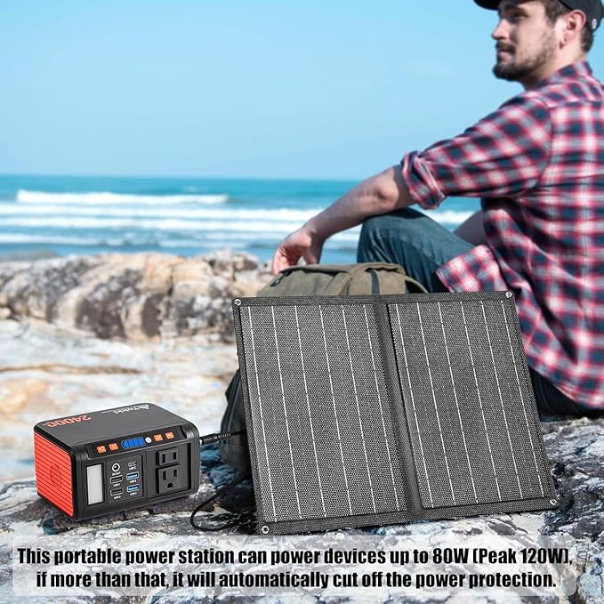 Takki 120W Peak Solar Generator Portable Power Station with 21W Panels, 88Wh Solar Charger Power Bank AC DC USB Ports for Camping Tent Laptop Outdoor Emergency