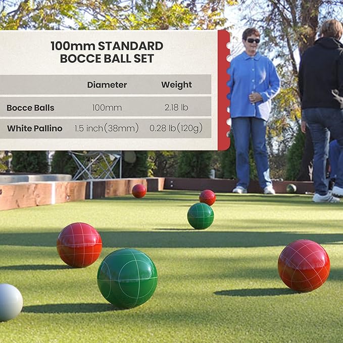 100mm Bocce Ball Set Regulation Size and Weight for Lawn, Beach Bocci Game for 2-8 Players (Green and Red)