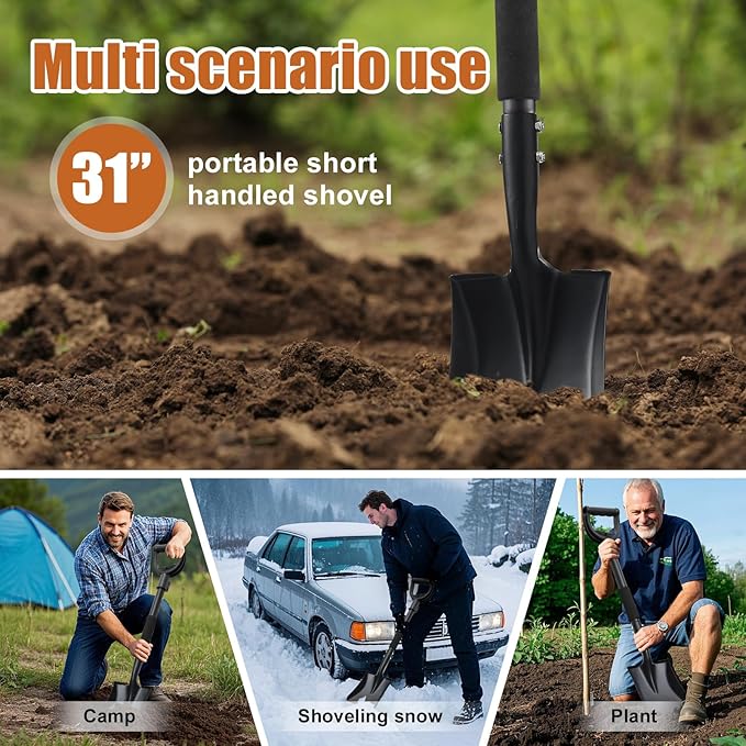 Shovel, Garden Shovels for Digging, 31” Small Spade Square Shovel with D-Handle Portable,Suitable for Car Snow Removal Trenching Kids Sand Beach Shovel Camping Gardening