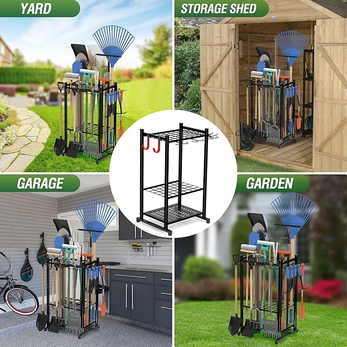 Garden Tool Organizer Rack Up to 50 Tools, Heavy-Duty Steel Yard Tool Organizer for Garage Storage with 11 Hooks, Broom Holder & Garden Tool Rack for Shed, Patio, Outdoor Use, Black