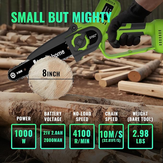 Mini Chainsaw 8inch, Chainsaw Cordless w Automatic Oiler, Handheld Electric Power Chain Saw w Security Lock, Brushless Motor,Chainsaws for Wood/Trees Trimming (Green - 1 battery, 8 INCH)