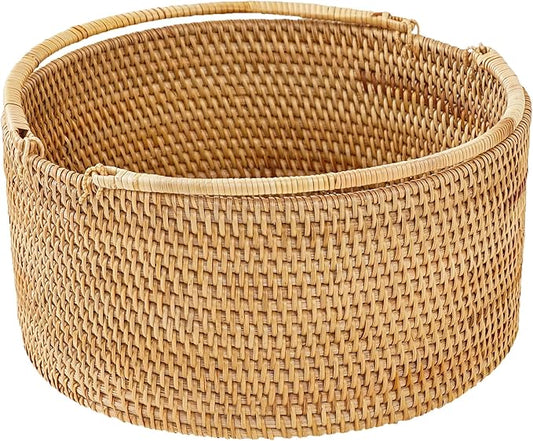 11"×11"×5" Rattan Picnic Basket with Handles, Large Round Gift Basket, Hand-Woven Basket for Fruit, Empty Gift Basket for Festival, Wedding, Camping