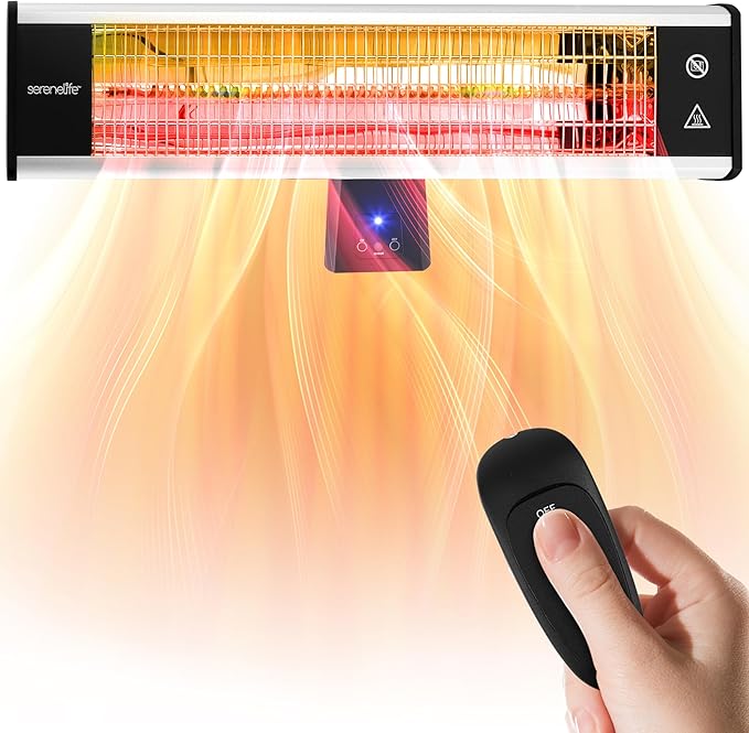 SereneLife Infrared Patio Heater, Wall-Mounted Electric Heater with Remote Control, 1500W, IP65 Approved, Odorless, Indoor/Outdoor for Patio, Restaurant, Backyard, Garage, Decks