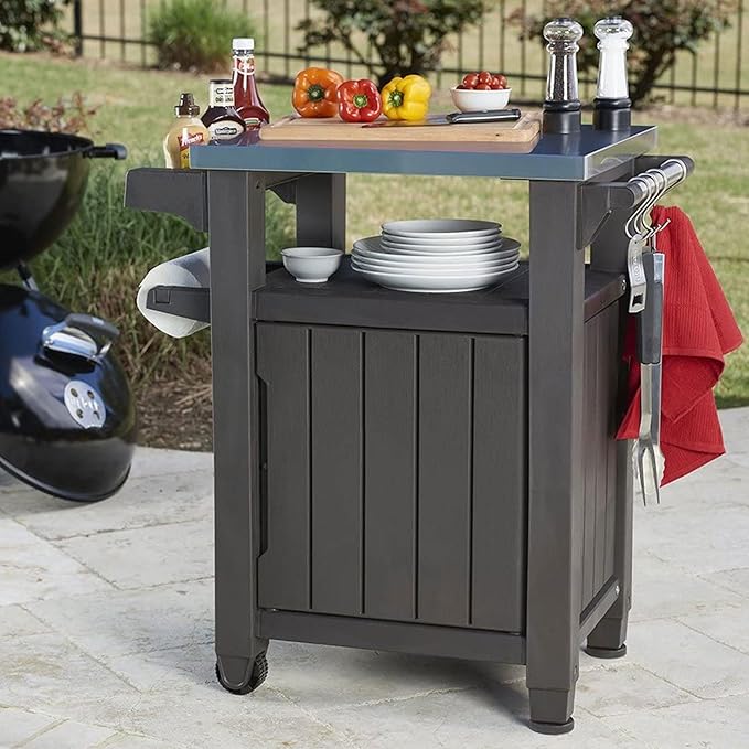 Keter Outdoor Grill Prep Table & Serving Cart, Stainless Steel Top, Unity, 40 Gal, Brown - Portable Bar Table and Cooking Accessory for Pool, Patio, Lawn, and Backyard