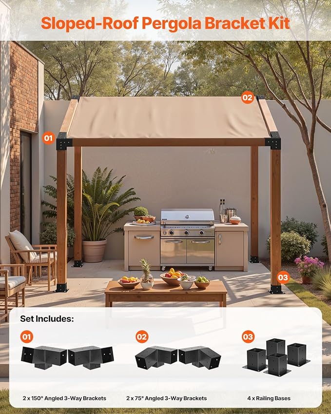 VEVOR Pergola Kit, 4x4 Inch 3-Way Slanted Bracket for 3.5x3.5 Inch Wood Beams in Actual Size, Carbon Steel Pergola Bracket with Screws and Post Bases, for Outdoor Wood Pergolas, Gazebos, Sheds, 8 Pcs