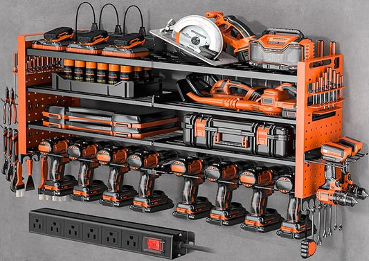 Heavy Duty Power Tool Organizer Wall Mount with Charging Station, Large Garage Organization with 10 cordless Drill Holder, 4 Layers Tool Organizers and Storage, Tool Rack with 6 Power Strip,Orange
