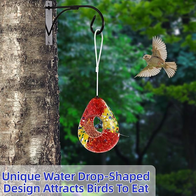 VOREEN Glass Bird Feeder, Fly Through Bird Feeders for Outdoor Hanging, Glass Wild Bird Feeder, for Garden, Yard, Backyard, Deck and Porch Decor, Gift for Mom Wife Friend, Red Teardrop