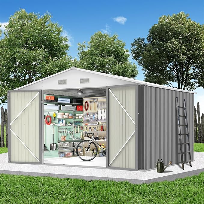 Garvee 10 x 12 FT Outdoor Storage Shed, Heavy-Duty Waterproof Tool Shed Storage with Lockable Door, Vents and Updated Frame Structure, Large Metal Tool Shed for Backyard, Patio Lawn, Grey