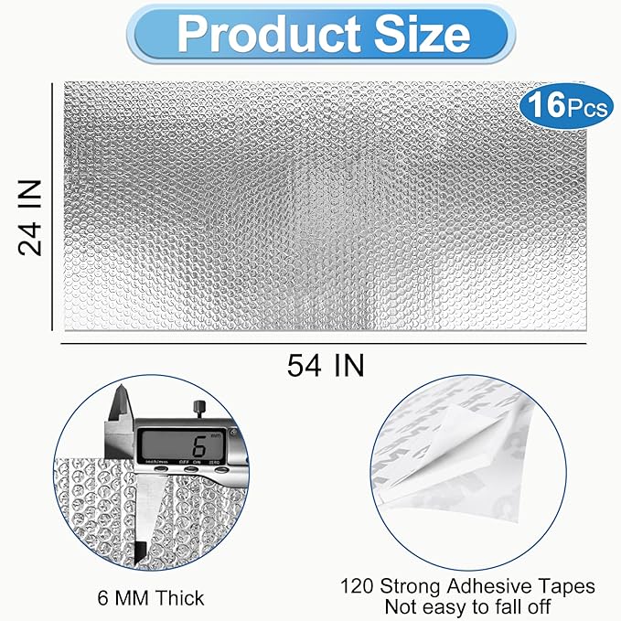 Garage Door Insulation Kit 16P Double Bubble Window Heat Insulation Panels, 6MM 24" x 54" Reflective Aluminum Foil Summer/Winter Barrier Insulation Sheets with 120 Adhesive Tapes for Garage Attic Wall