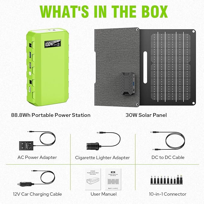 Portable Power Bank with Panel, 24000mAh Portable Power Station with 30W Solar Panel, Lithium Battery Power 110V/88Wh AC, DC, USB QC3.0 for Home Camping Emergency Backup