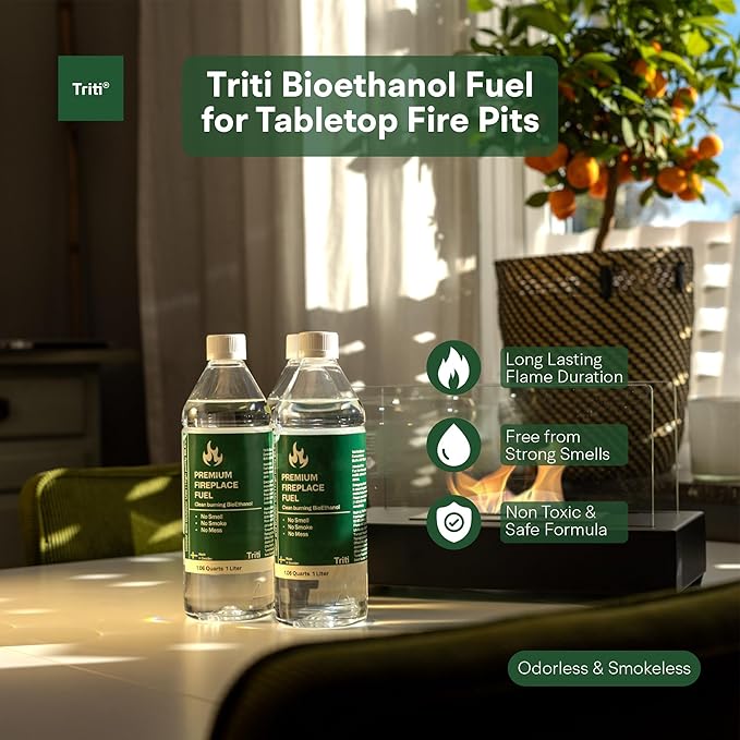 Triti Premium Bioethanol Fuel for Tabletop Fire Pit, Alcohol Stove, Indoor/Outdoor Fireplace, Portable Smokeless Fire Pit, Fireplace Heater for Indoor Use, Denatured Alcohol Liter Size (12)